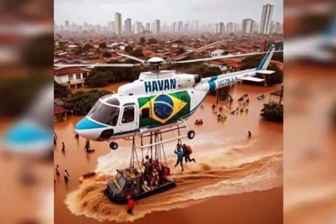 É falsa imagem que mostra helicóptero da Havan fazendo resgate em área alagada no RS