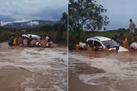 Em Cacimba de Areia: Populares evitam tragédia e resgatam família que estava sendo arrastada ao tentar atravessar riacho