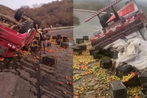 Caminhão carregado dr tomates tomba em trajeto da Serra do Teixeira;